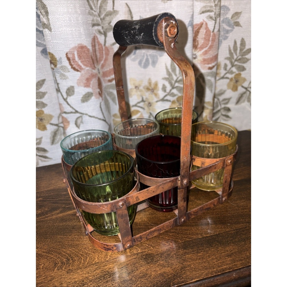 vintage 6 colored Low Ball  Drink Glasses In Metal Rack Laxer International